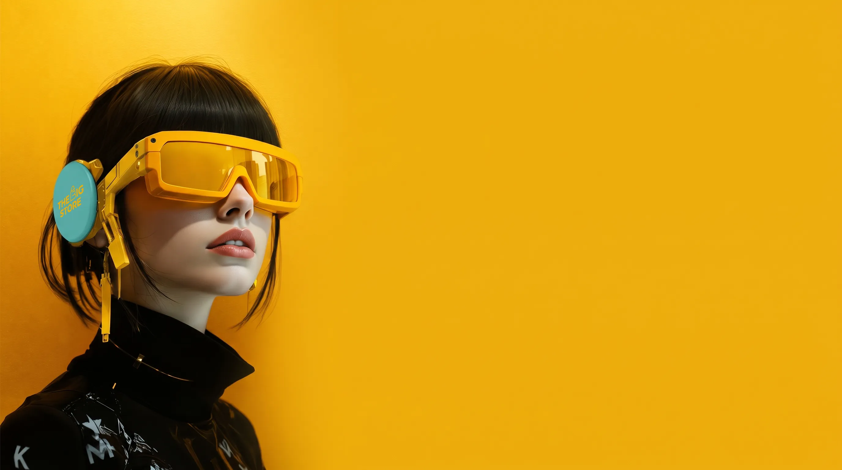 Modelo de The Big Store con visor amarillo sobre fondo amarillo