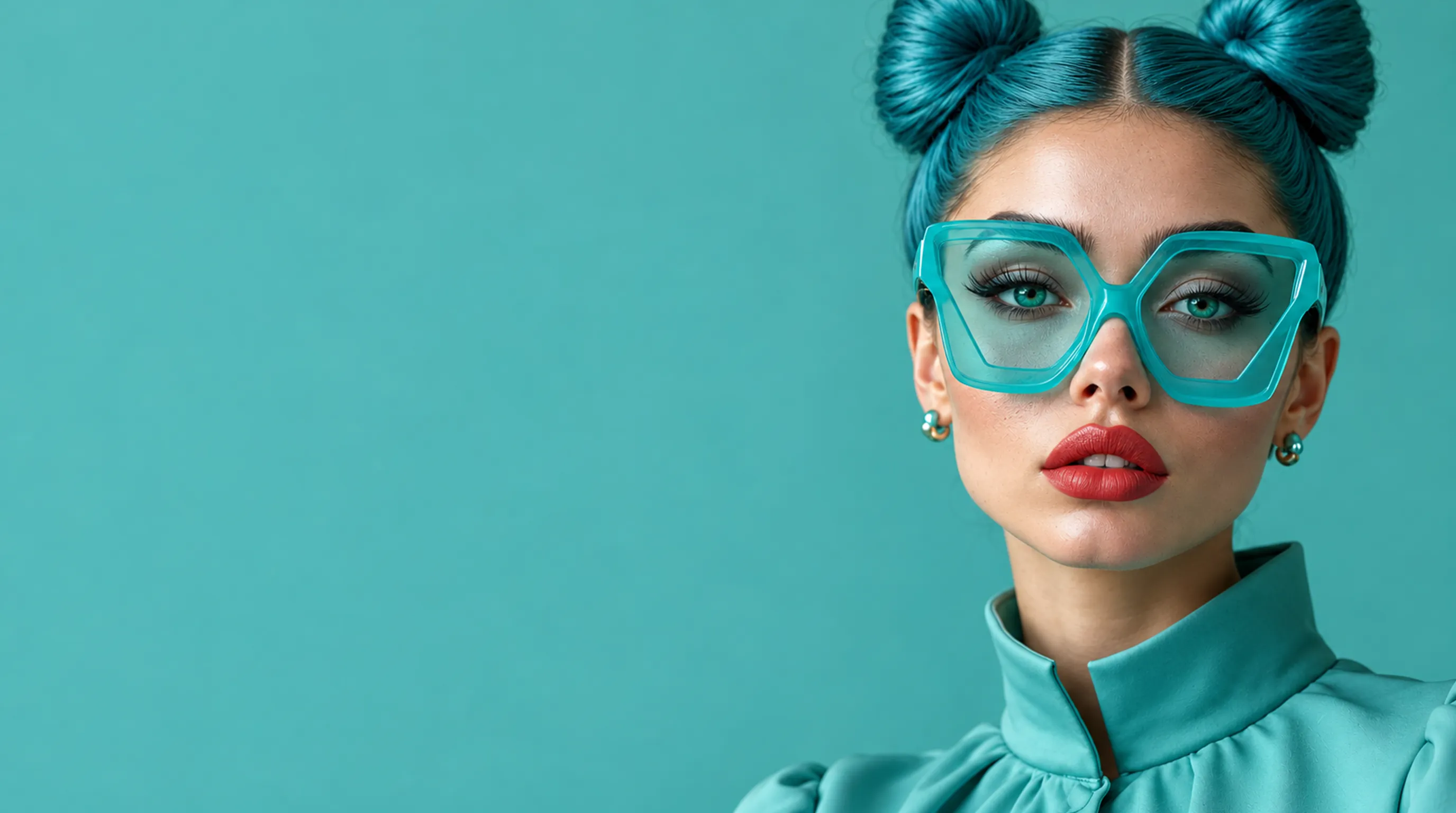 Modelo de The Big Store con lentes turquesa sobre fondo turquesa