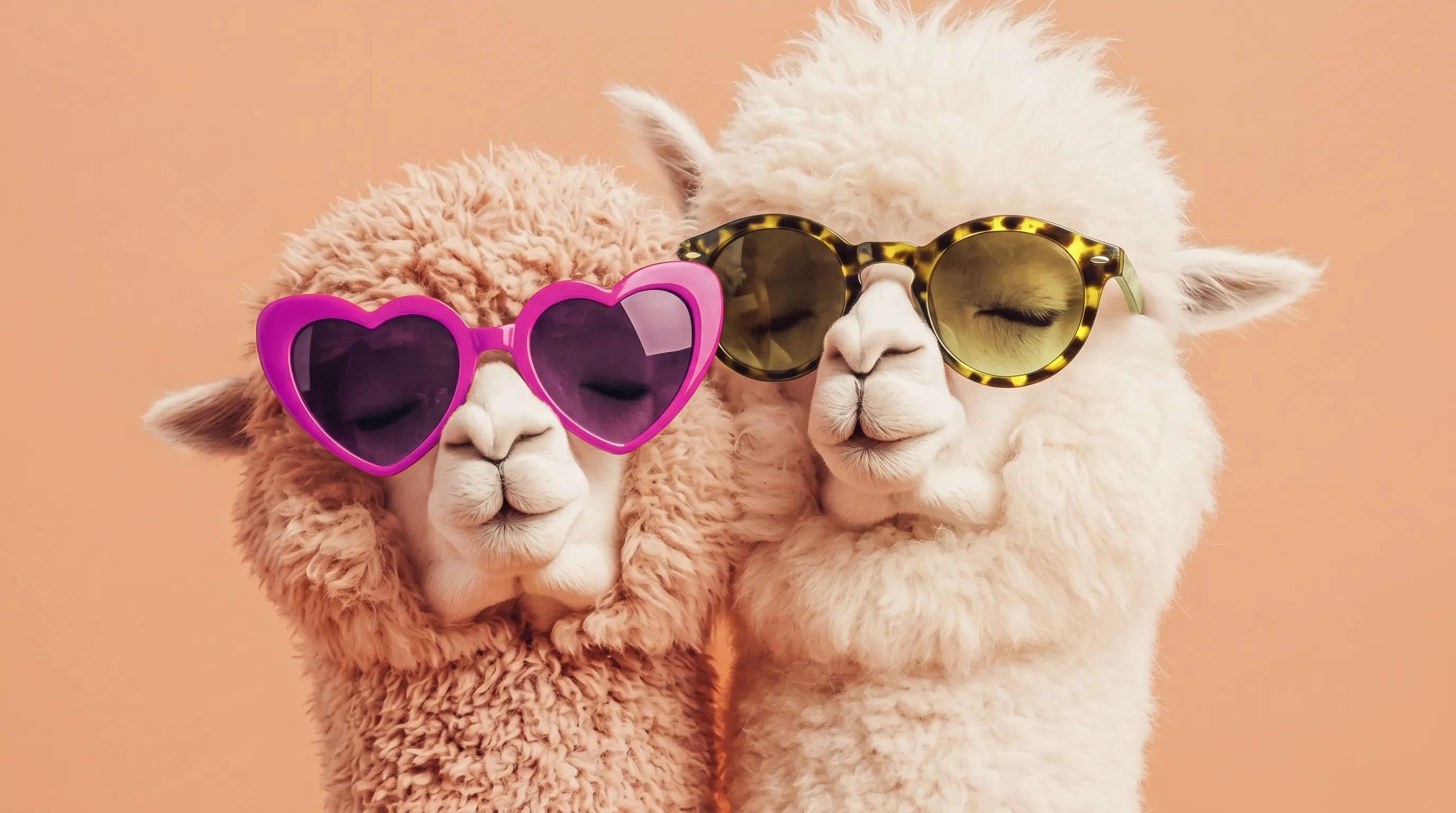Alpacas con lentes de The Big Store sobre fondo melocotón